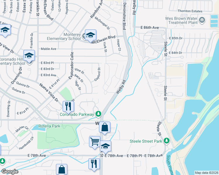 map of restaurants, bars, coffee shops, grocery stores, and more near 1579 Vista Lane in Denver