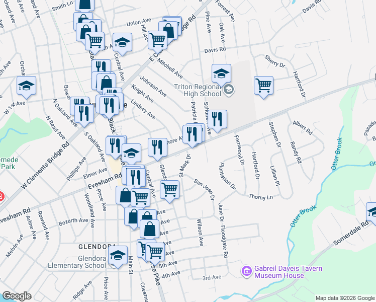 map of restaurants, bars, coffee shops, grocery stores, and more near 302 East Evesham Road in Gloucester Township