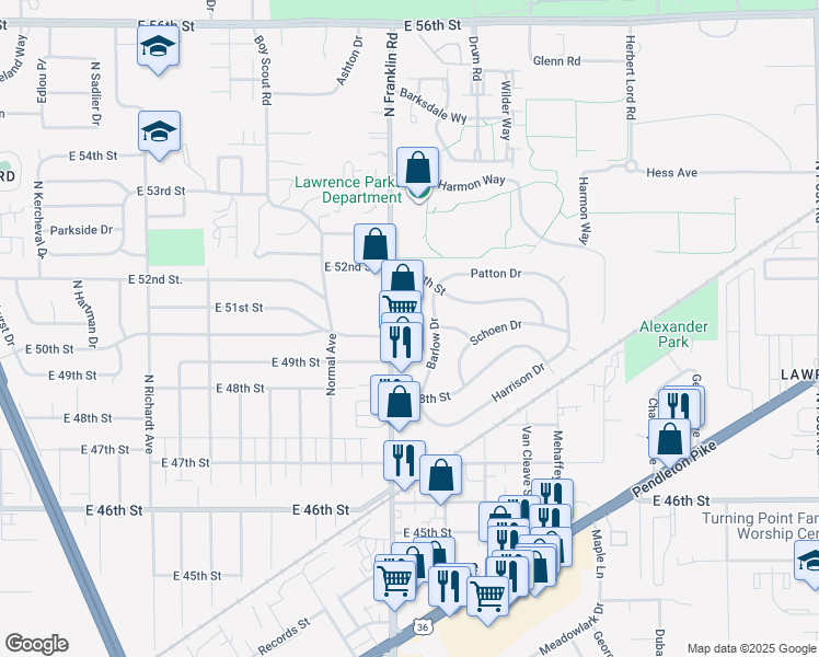 map of restaurants, bars, coffee shops, grocery stores, and more near 4981 North Franklin Road in Indianapolis