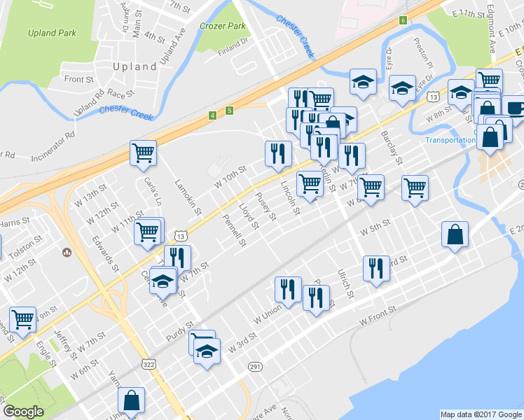 map of restaurants, bars, coffee shops, grocery stores, and more near 1013 West 8th Street in Chester