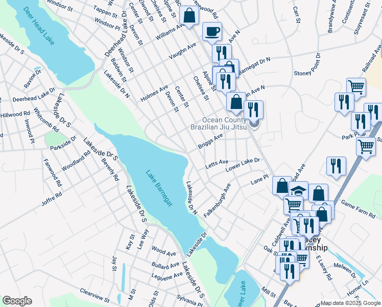 map of restaurants, bars, coffee shops, grocery stores, and more near 334 Station Drive in Lacey Township