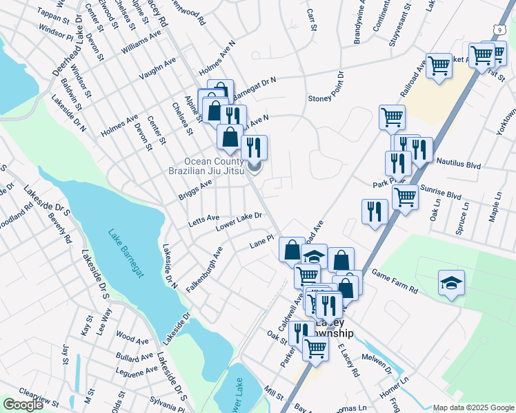 map of restaurants, bars, coffee shops, grocery stores, and more near 305 Lacey Road in Lacey Township