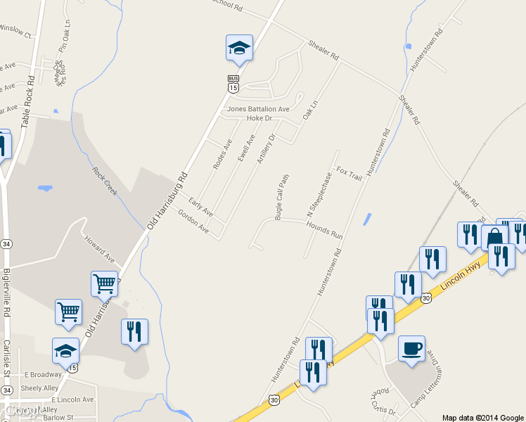 map of restaurants, bars, coffee shops, grocery stores, and more near 63 Hounds Run in Gettysburg