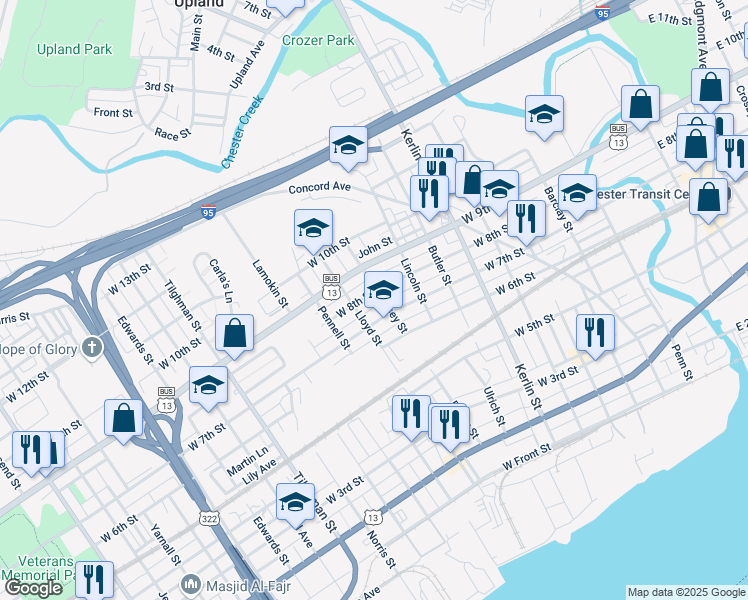 map of restaurants, bars, coffee shops, grocery stores, and more near 1013 West 8th Street in Chester
