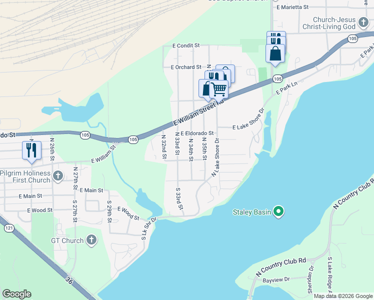 map of restaurants, bars, coffee shops, grocery stores, and more near 301-499 North 34th Street in Decatur