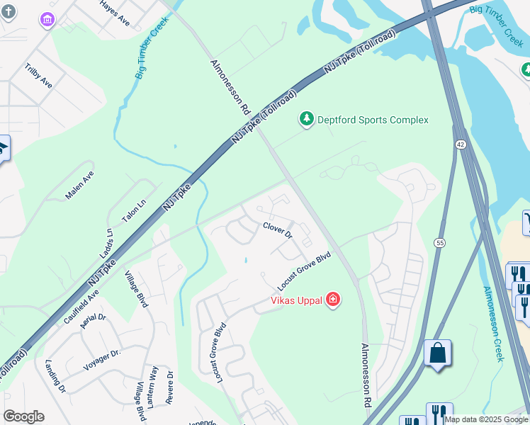map of restaurants, bars, coffee shops, grocery stores, and more near 451 Steeplechase Court in Deptford Township