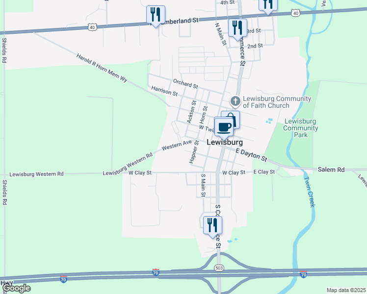 map of restaurants, bars, coffee shops, grocery stores, and more near 129 Western Avenue in Lewisburg