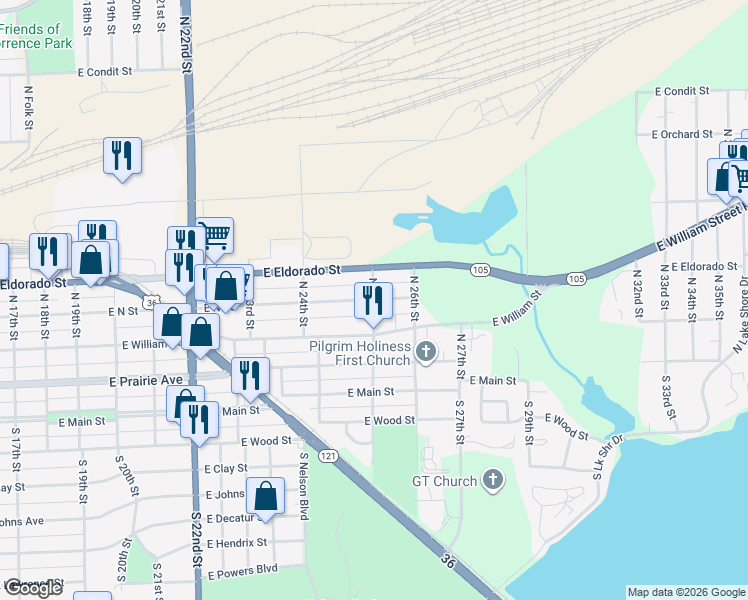 map of restaurants, bars, coffee shops, grocery stores, and more near 400 North 25th Street in Decatur