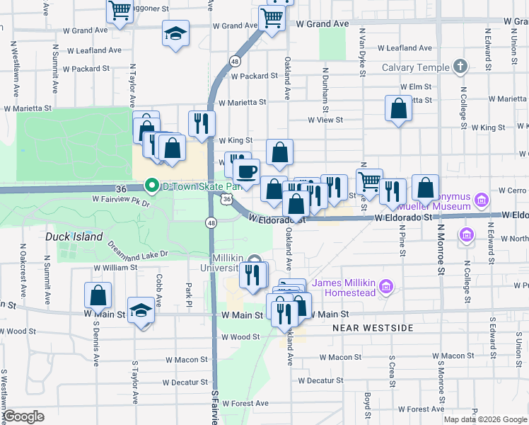 map of restaurants, bars, coffee shops, grocery stores, and more near 1100-1198 West Eldorado Street in Decatur
