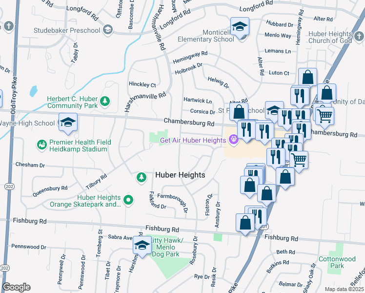 map of restaurants, bars, coffee shops, grocery stores, and more near 6396 Rosebury Drive in Dayton