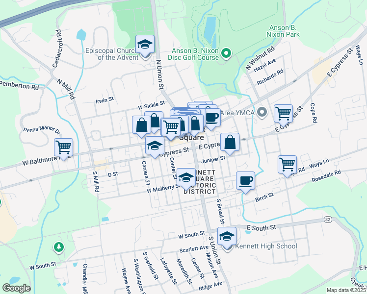 map of restaurants, bars, coffee shops, grocery stores, and more near 119 West Cypress Street in Kennett Square