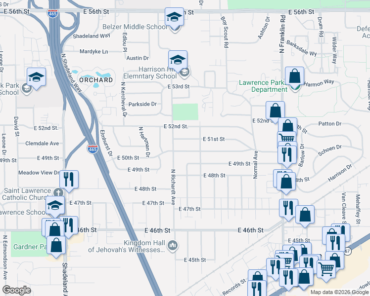 map of restaurants, bars, coffee shops, grocery stores, and more near 7530 East 50th Street in Lawrence