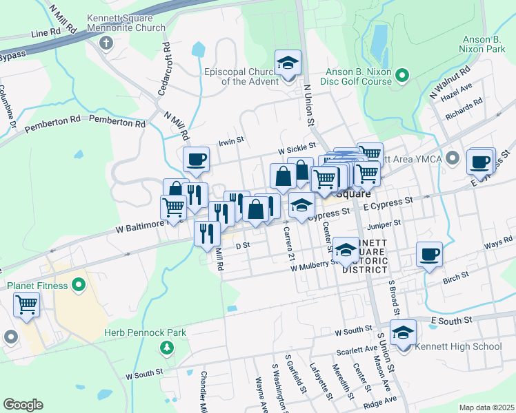 map of restaurants, bars, coffee shops, grocery stores, and more near 511 W State St in Kennett Square