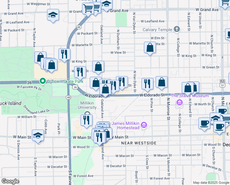 map of restaurants, bars, coffee shops, grocery stores, and more near 1004 West Eldorado Street in Decatur
