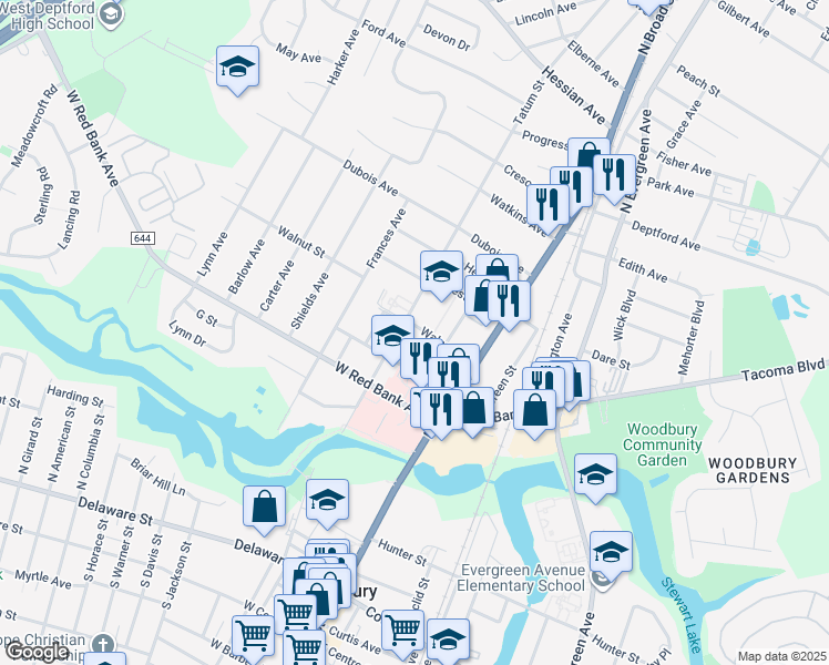 map of restaurants, bars, coffee shops, grocery stores, and more near 71 Walnut St in Woodbury