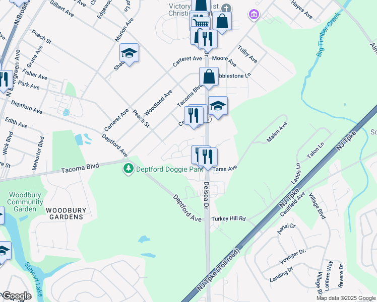 map of restaurants, bars, coffee shops, grocery stores, and more near 816 Winding Way in Westville