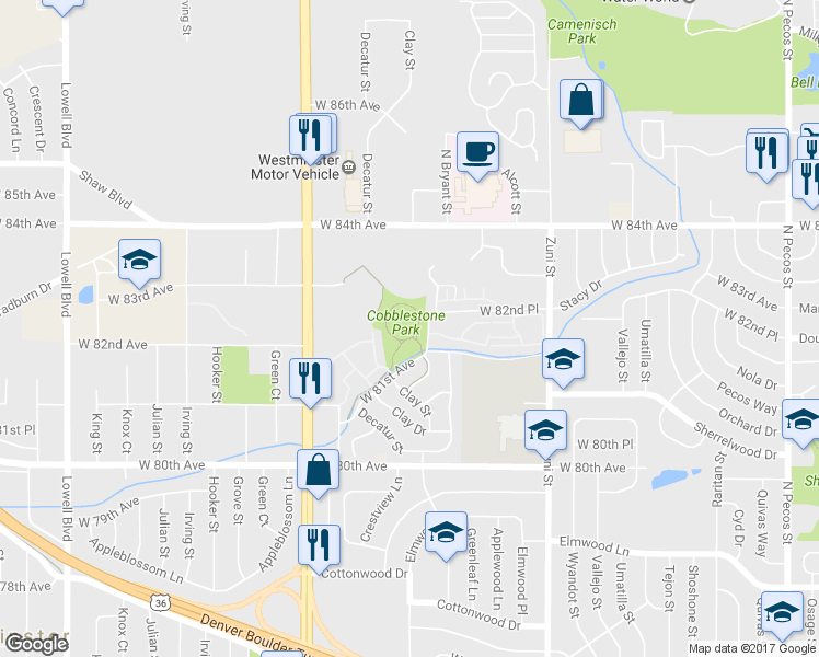 map of restaurants, bars, coffee shops, grocery stores, and more near 2695 West 81st Place in Westminster