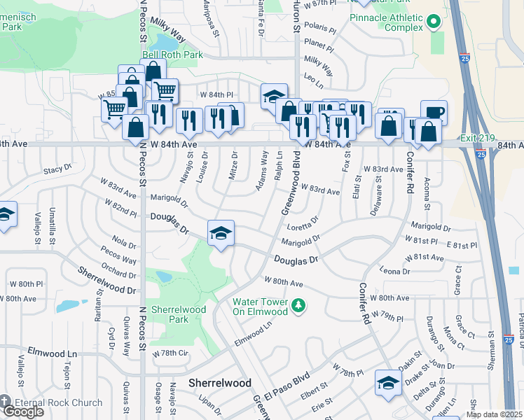 map of restaurants, bars, coffee shops, grocery stores, and more near 8231 Ralph Lane in Denver