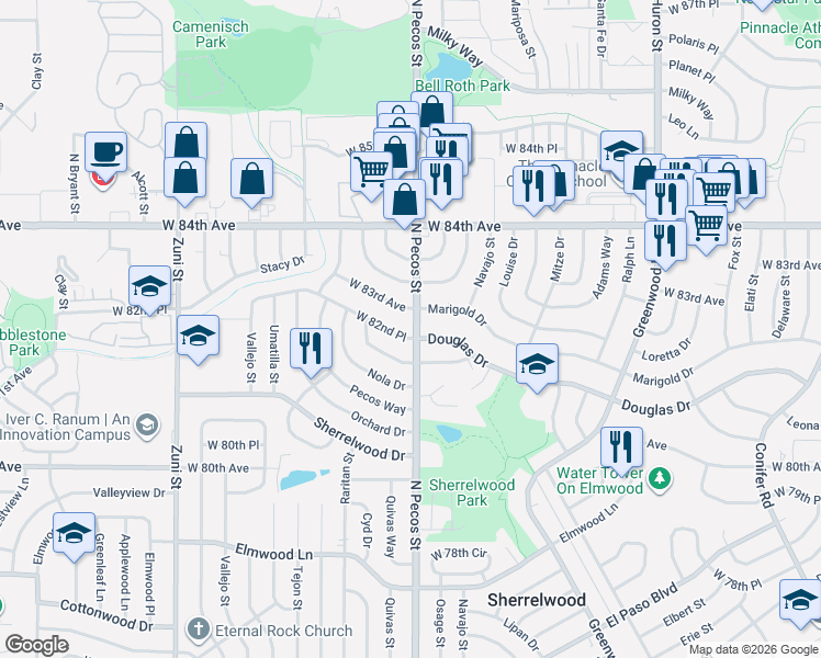map of restaurants, bars, coffee shops, grocery stores, and more near in Sherrelwood