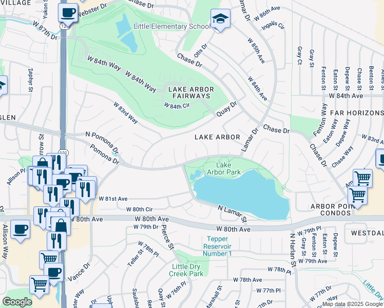 map of restaurants, bars, coffee shops, grocery stores, and more near 8220 Newland Circle in Arvada