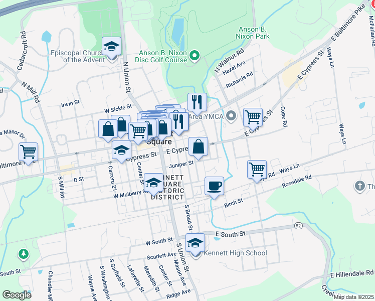 map of restaurants, bars, coffee shops, grocery stores, and more near 200 East Cypress Street in Kennett Square