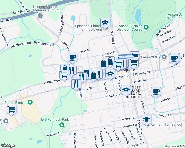 map of restaurants, bars, coffee shops, grocery stores, and more near 601 West State Street in Kennett Square