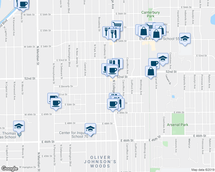 map of restaurants, bars, coffee shops, grocery stores, and more near 5121 Broadway Street in Indianapolis