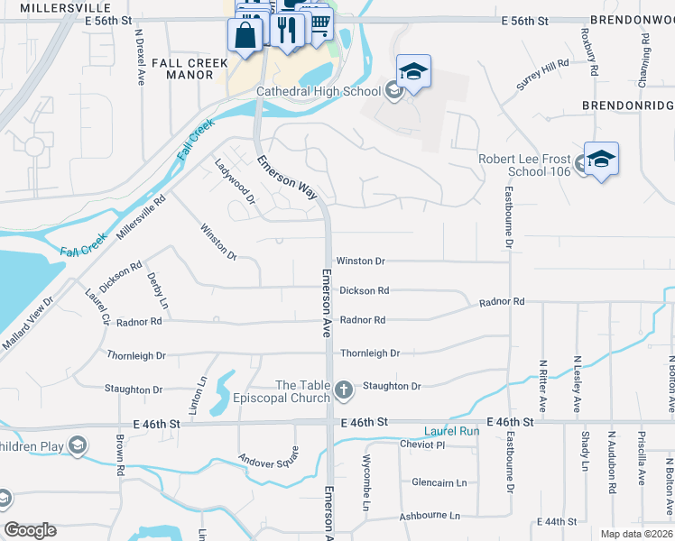 map of restaurants, bars, coffee shops, grocery stores, and more near 5101 Winston Drive in Indianapolis
