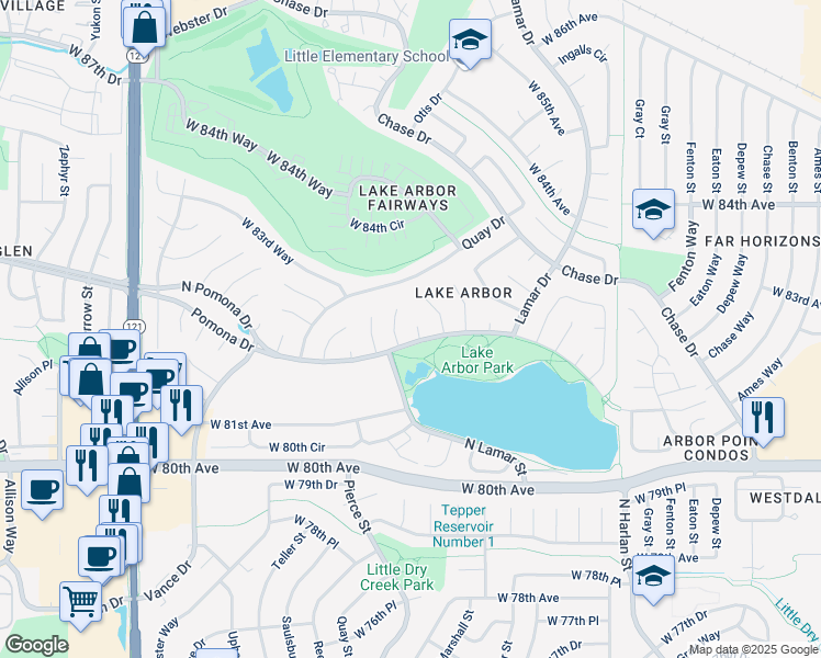map of restaurants, bars, coffee shops, grocery stores, and more near 8220 Newland Circle in Arvada