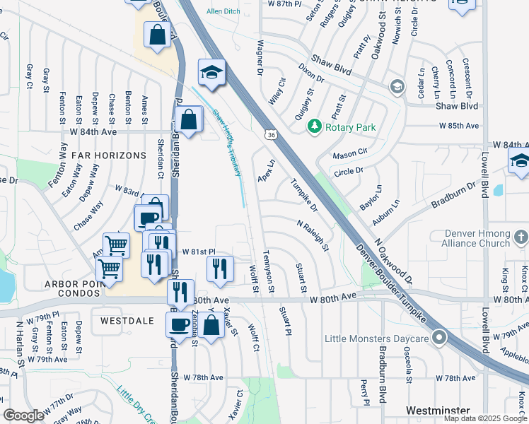 map of restaurants, bars, coffee shops, grocery stores, and more near 8220 Tennyson Street in Westminster