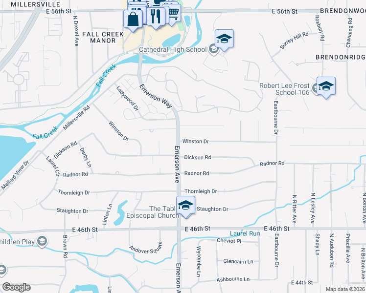 map of restaurants, bars, coffee shops, grocery stores, and more near 5101 Winston Drive in Indianapolis