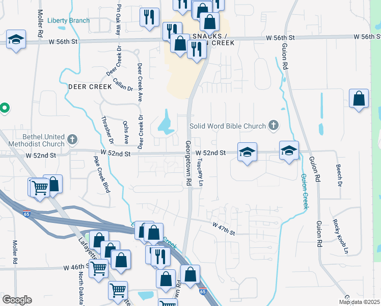 map of restaurants, bars, coffee shops, grocery stores, and more near Georgetown Rd & W 52nd St in Indianapolis