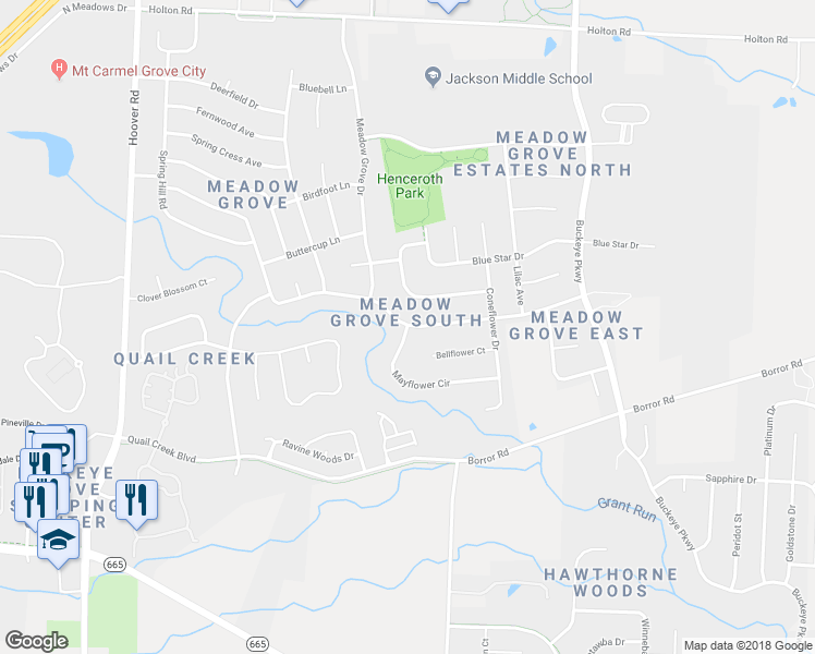 map of restaurants, bars, coffee shops, grocery stores, and more near 4172 Mayflower Circle in Grove City