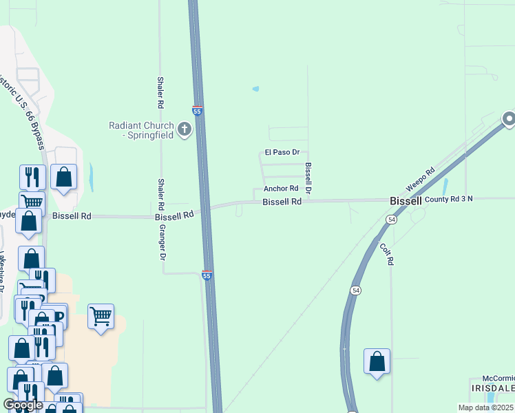 map of restaurants, bars, coffee shops, grocery stores, and more near 3298 Bissell Road in Springfield