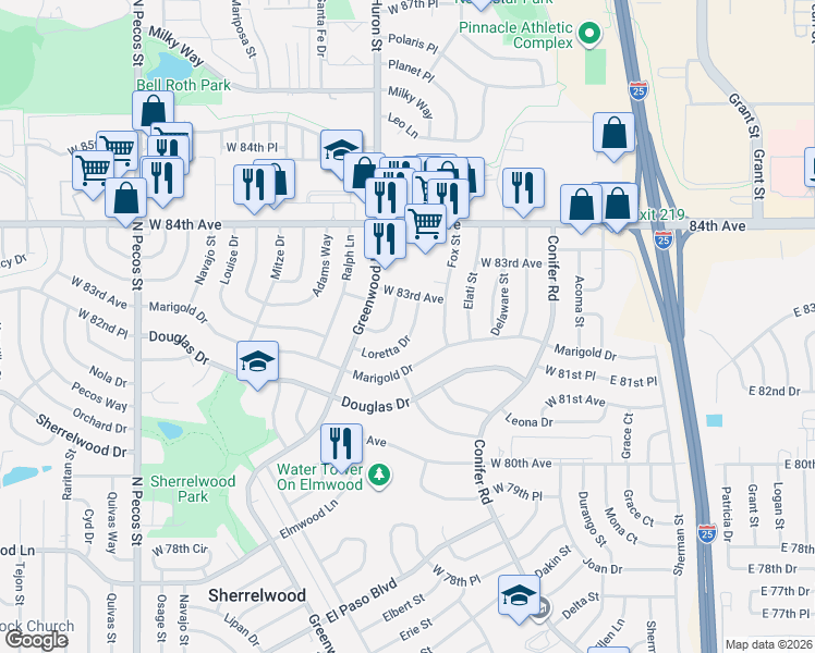 map of restaurants, bars, coffee shops, grocery stores, and more near 8239 Loretta Drive in Denver