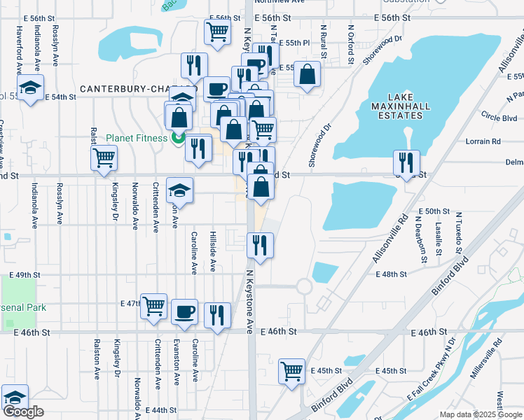 map of restaurants, bars, coffee shops, grocery stores, and more near 5135 North Keystone Avenue in Indianapolis