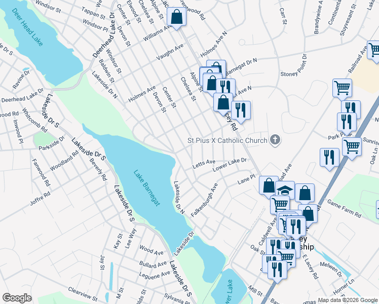 map of restaurants, bars, coffee shops, grocery stores, and more near 325 Briggs Avenue in Lacey Township