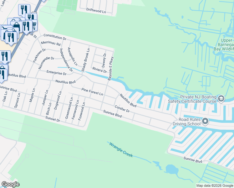 map of restaurants, bars, coffee shops, grocery stores, and more near 413 Nautilus Boulevard in Lacey Township