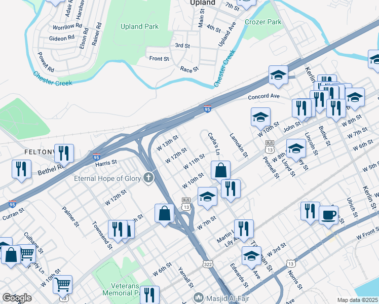 map of restaurants, bars, coffee shops, grocery stores, and more near 1122 Tilghman Street in Chester
