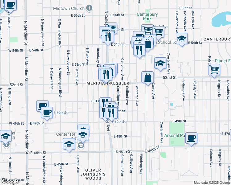 map of restaurants, bars, coffee shops, grocery stores, and more near 5130 Carrollton Avenue in Indianapolis