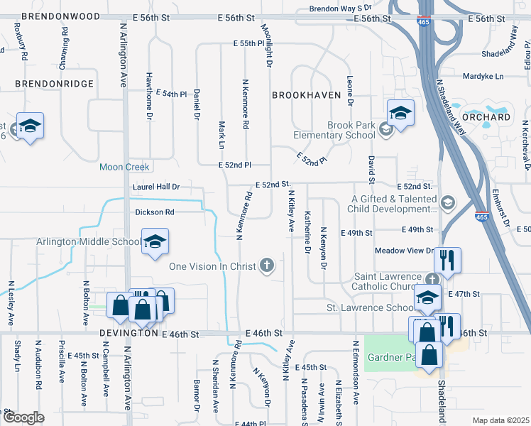map of restaurants, bars, coffee shops, grocery stores, and more near 5030 Moonlight Drive in Indianapolis