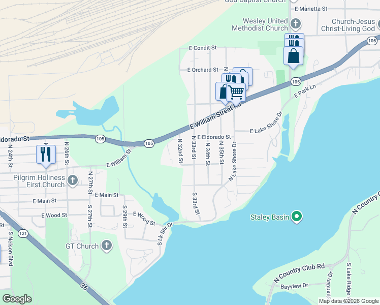 map of restaurants, bars, coffee shops, grocery stores, and more near 301-499 North 33rd Street in Decatur