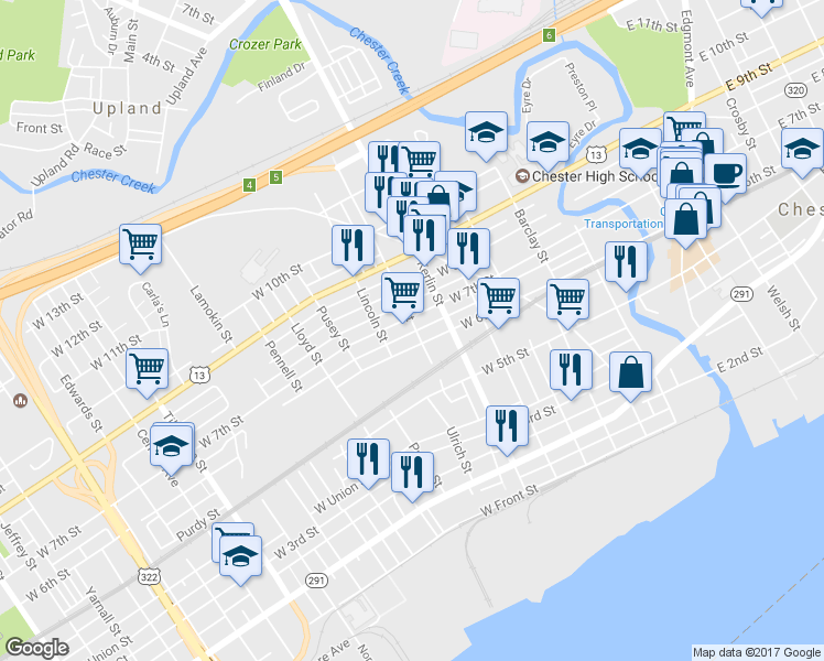 map of restaurants, bars, coffee shops, grocery stores, and more near 612 Butler Street in Chester