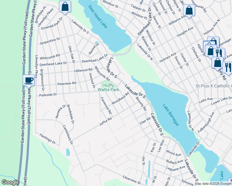 map of restaurants, bars, coffee shops, grocery stores, and more near 1703 Whitcomb Road in Lacey Township