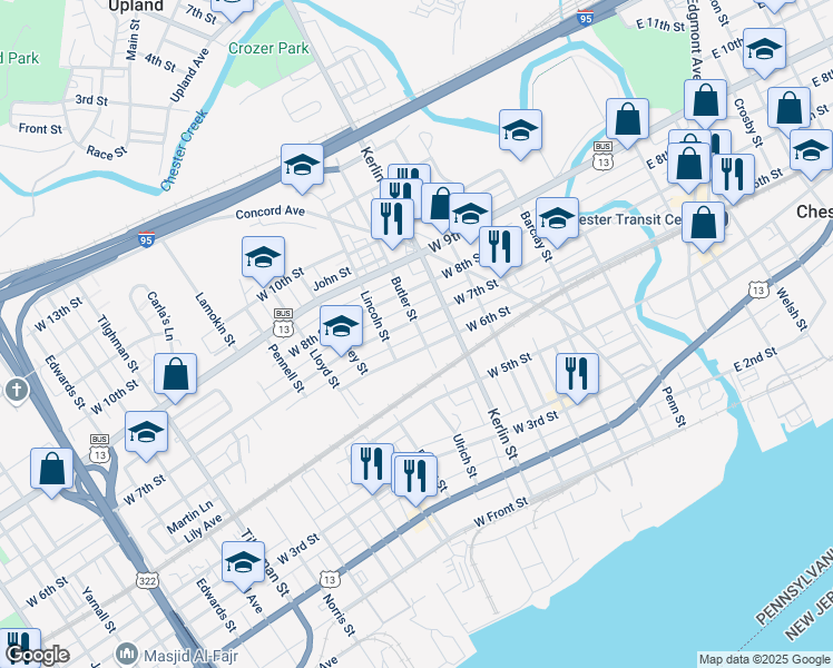map of restaurants, bars, coffee shops, grocery stores, and more near 612 Butler Street in Chester