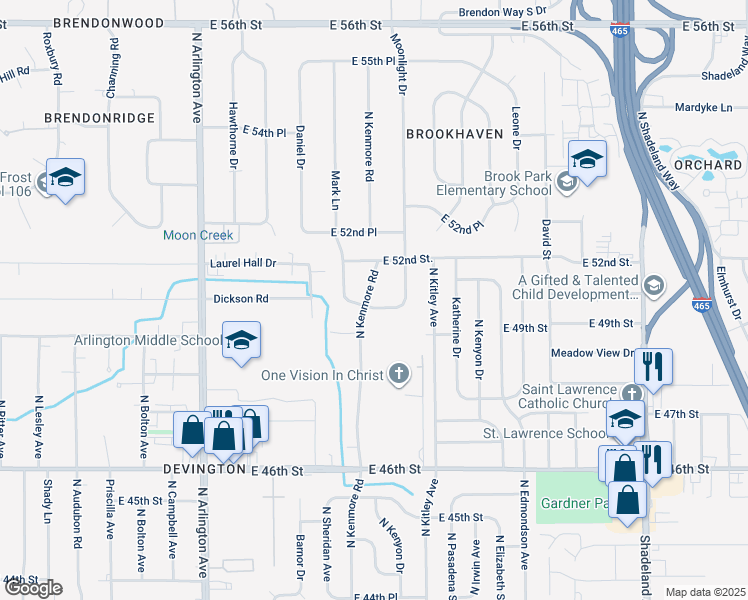 map of restaurants, bars, coffee shops, grocery stores, and more near 5027 North Kenmore Road in Indianapolis