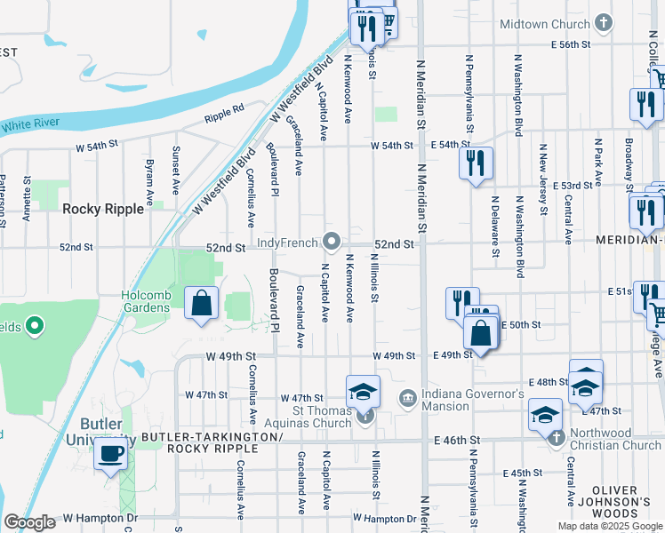 map of restaurants, bars, coffee shops, grocery stores, and more near 5145 North Capitol Avenue in Indianapolis