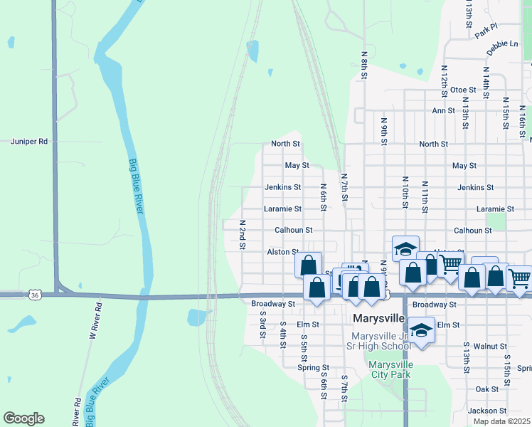 map of restaurants, bars, coffee shops, grocery stores, and more near 301 Laramie Street in Marysville