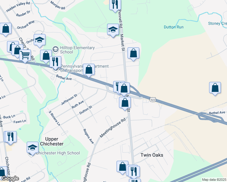 map of restaurants, bars, coffee shops, grocery stores, and more near 517 Bethel Avenue in Aston