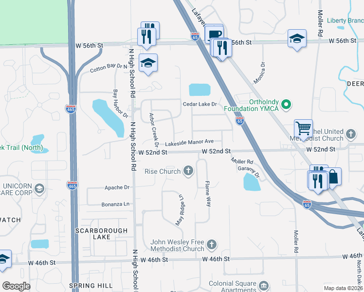map of restaurants, bars, coffee shops, grocery stores, and more near 6021 Lakeside Manor Avenue in Indianapolis
